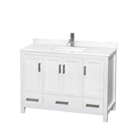 A large image of the Wyndham Collection WCS141448S-QTZ-UNSMXX White / Giotto Quartz Top / Brushed Chrome Hardware