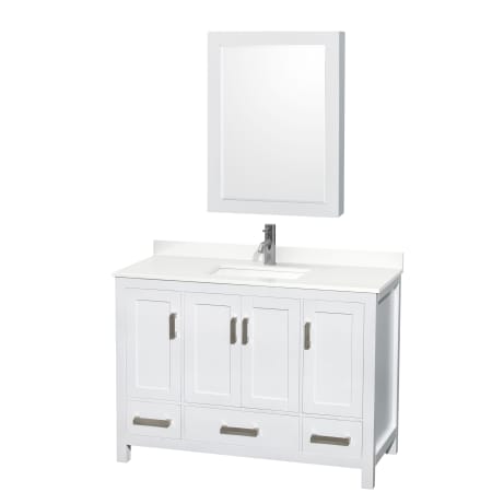 A large image of the Wyndham Collection WCS141448S-QTZ-UNSMED White / White Quartz Top / Brushed Chrome Hardware