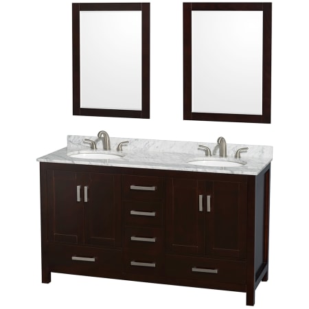 A large image of the Wyndham Collection WCS141460DUNOM24 Espresso / White Carrara Marble Top / Brushed Chrome Hardware