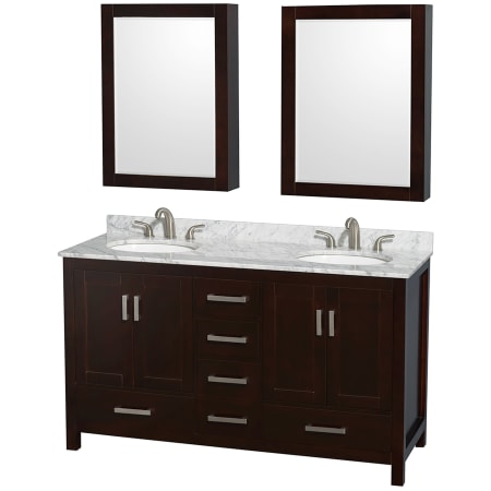 A large image of the Wyndham Collection WCS141460DUNOMED Espresso / White Carrara Marble Top / Brushed Chrome Hardware