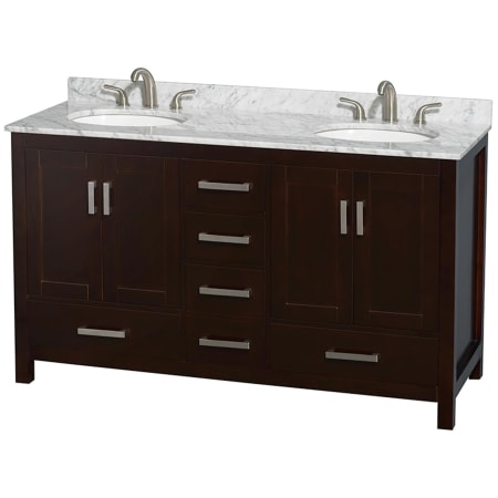 A large image of the Wyndham Collection WCS141460DUNOMXX Espresso / White Carrara Marble Top / Brushed Chrome Hardware