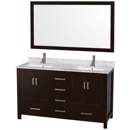 A large image of the Wyndham Collection WCS141460DUNSM58 Espresso / White Carrara Marble Top / Brushed Chrome Hardware