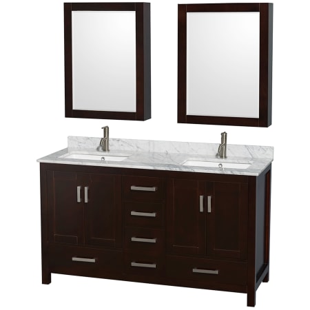 A large image of the Wyndham Collection WCS141460DUNSMED Espresso / White Carrara Marble Top / Brushed Chrome Hardware