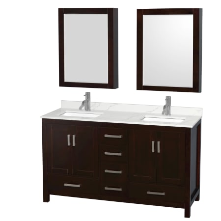 A large image of the Wyndham Collection WCS141460D-QTZ-UNSMED Espresso / Giotto Quartz Top / Brushed Chrome Hardware