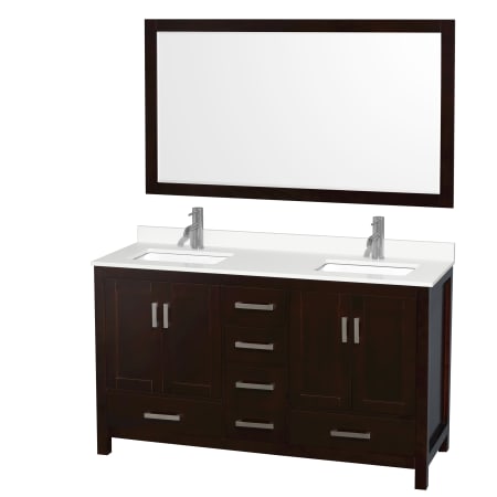 A large image of the Wyndham Collection WCS141460D-QTZ-UNSM58 Espresso / White Quartz Top / Brushed Chrome Hardware