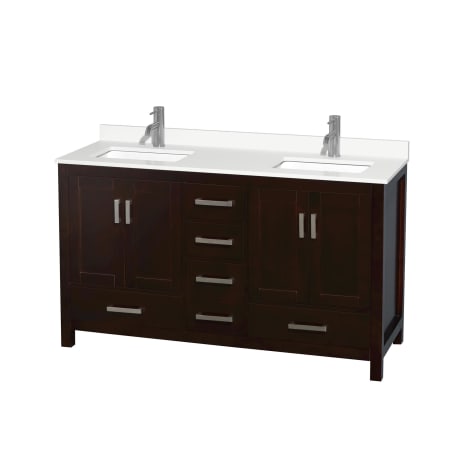 A large image of the Wyndham Collection WCS141460D-QTZ-UNSMXX Espresso / White Quartz Top / Brushed Chrome Hardware