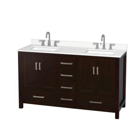 A large image of the Wyndham Collection WCS141460D-QTZ-US3MXX Espresso / White Quartz Top / Brushed Chrome Hardware