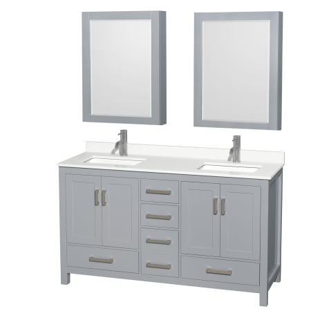 A large image of the Wyndham Collection WCS141460D-QTZ-UNSMED Gray / White Quartz Top / Brushed Chrome Hardware