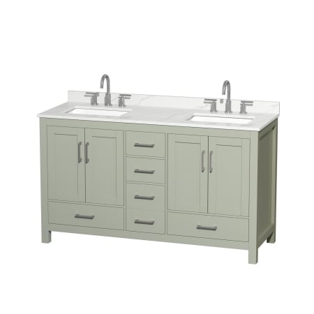 A large image of the Wyndham Collection WCS141460D-QTZ-US3MXX Light Green / Giotto Quartz Top / Brushed Nickel Hardware