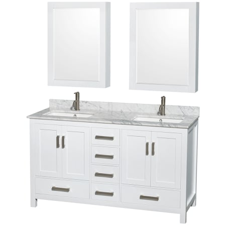 A large image of the Wyndham Collection WCS141460DUNSMED White / White Carrara Marble Top / Brushed Chrome Hardware