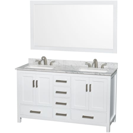 A large image of the Wyndham Collection WCS141460DCMUS3M58 White / White Carrara Marble Top / Brushed Chrome Hardware