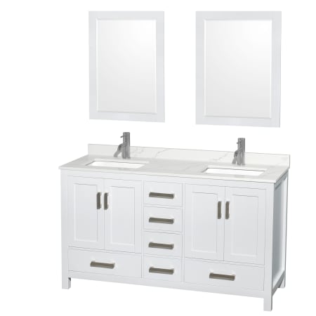 A large image of the Wyndham Collection WCS141460D-QTZ-UNSM24 White / Giotto Quartz Top / Brushed Chrome Hardware