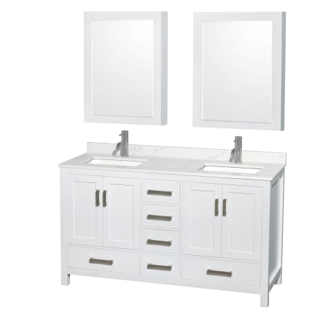 A large image of the Wyndham Collection WCS141460D-QTZ-UNSMED White / Giotto Quartz Top / Brushed Chrome Hardware