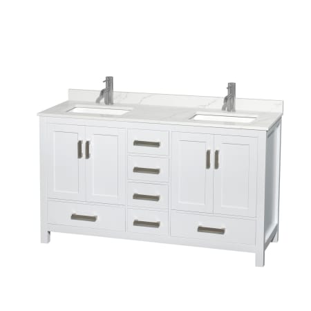 A large image of the Wyndham Collection WCS141460D-QTZ-UNSMXX White / Giotto Quartz Top / Brushed Chrome Hardware