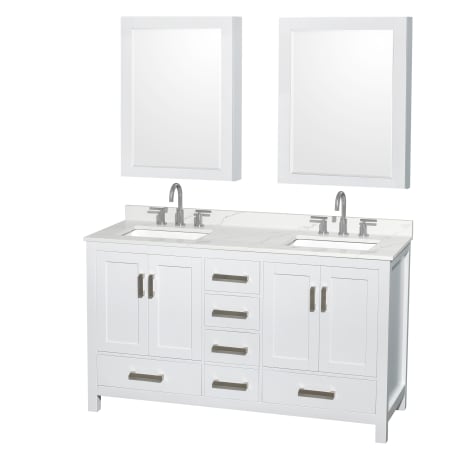 A large image of the Wyndham Collection WCS141460D-QTZ-US3MED White / Giotto Quartz Top / Brushed Chrome Hardware