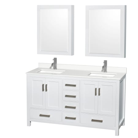 A large image of the Wyndham Collection WCS141460D-QTZ-UNSMED White / White Quartz Top / Brushed Chrome Hardware