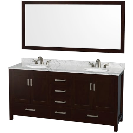 A large image of the Wyndham Collection WCS141472DUNOM70 Espresso / White Carrara Marble Top / Brushed Chrome Hardware