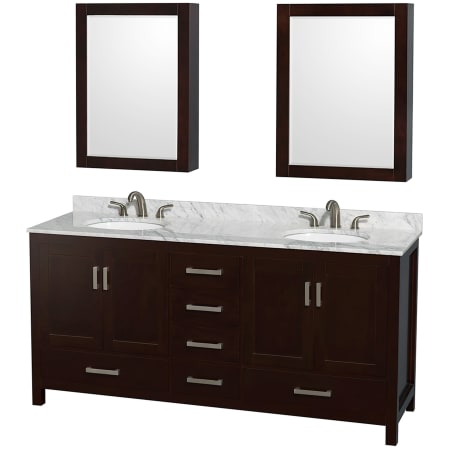 A large image of the Wyndham Collection WCS141472DUNOMED Espresso / White Carrara Marble Top / Brushed Chrome Hardware