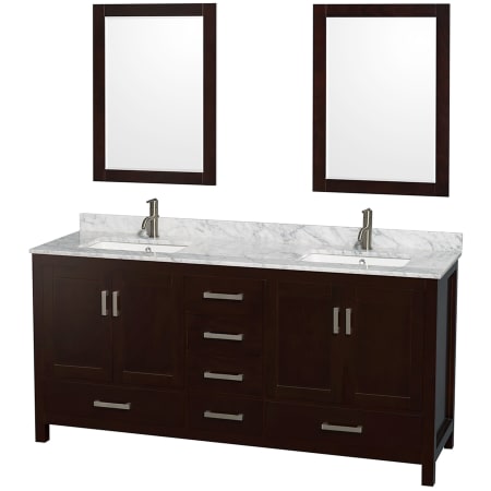 A large image of the Wyndham Collection WCS141472DUNSM24 Espresso / White Carrara Marble Top / Brushed Chrome Hardware