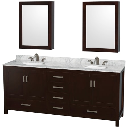 A large image of the Wyndham Collection WCS141480DUNOMED Espresso / White Carrara Marble Top / Brushed Chrome Hardware