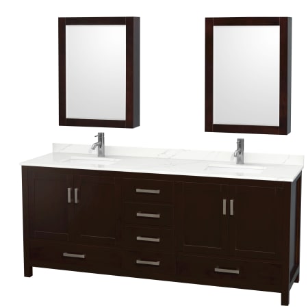 A large image of the Wyndham Collection WCS141480D-QTZ-UNSMED Espresso / Giotto Quartz Top / Brushed Chrome Hardware