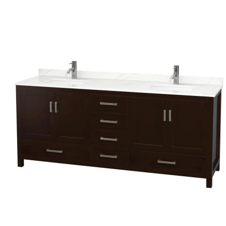 A large image of the Wyndham Collection WCS141480D-QTZ-UNSMXX Espresso / Giotto Quartz Top / Brushed Chrome Hardware