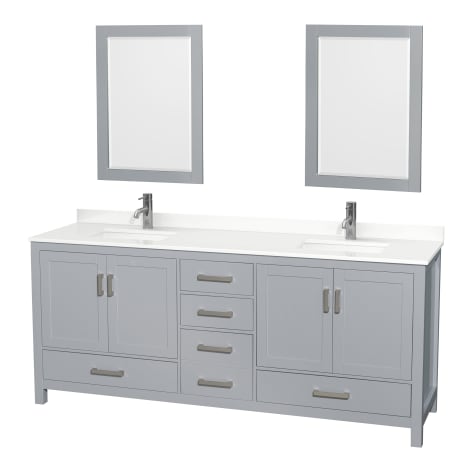 A large image of the Wyndham Collection WCS141480D-QTZ-UNSM24 Gray / White Quartz Top / Brushed Chrome Hardware