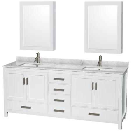 A large image of the Wyndham Collection WCS141480DUNSMED White / White Carrara Marble Top / Brushed Chrome Hardware