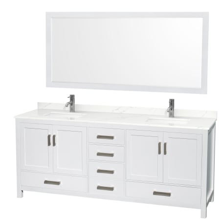 A large image of the Wyndham Collection WCS141480D-QTZ-UNSM70 White / Giotto Quartz Top / Brushed Chrome Hardware