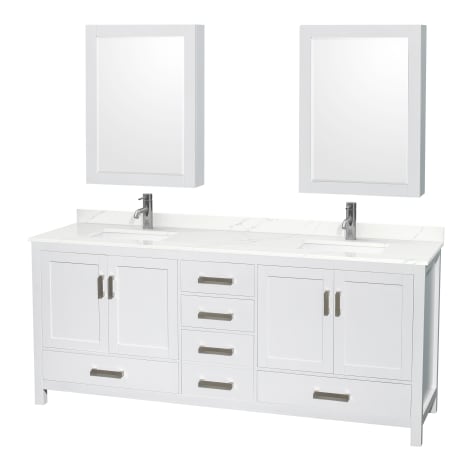 A large image of the Wyndham Collection WCS141480D-QTZ-UNSMED White / Giotto Quartz Top / Brushed Chrome Hardware