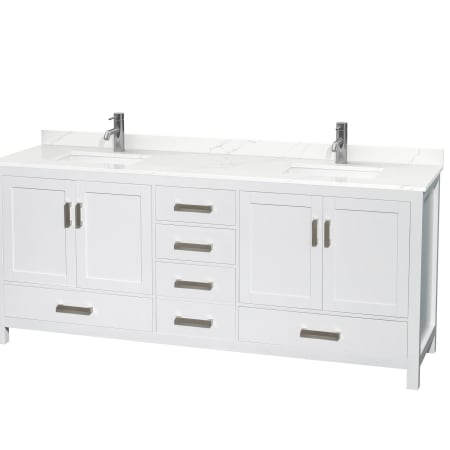 A large image of the Wyndham Collection WCS141480D-QTZ-UNSMXX White / Giotto Quartz Top / Brushed Chrome Hardware