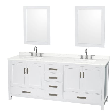 A large image of the Wyndham Collection WCS141480D-QTZ-US3M24 White / Giotto Quartz Top / Brushed Chrome Hardware