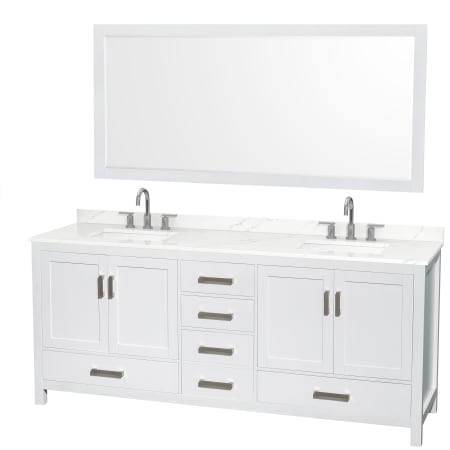 A large image of the Wyndham Collection WCS141480D-QTZ-US3M70 White / Giotto Quartz Top / Brushed Chrome Hardware