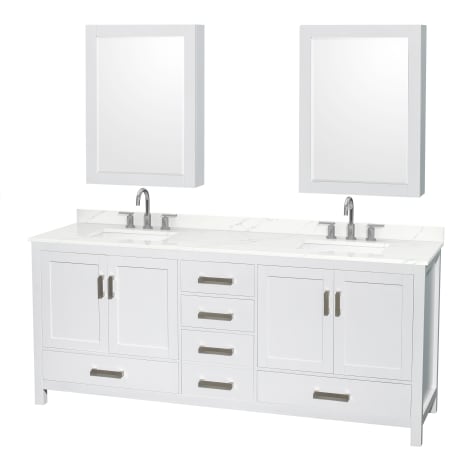 A large image of the Wyndham Collection WCS141480D-QTZ-US3MED White / Giotto Quartz Top / Brushed Chrome Hardware