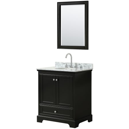 A large image of the Wyndham Collection WCS202030SCMUNOM24 Dark Espresso / White Carrara Marble Top / Polished Chrome Hardware