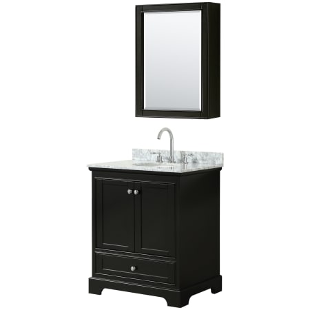 A large image of the Wyndham Collection WCS202030SCMUNOMED Dark Espresso / White Carrara Marble Top / Polished Chrome Hardware