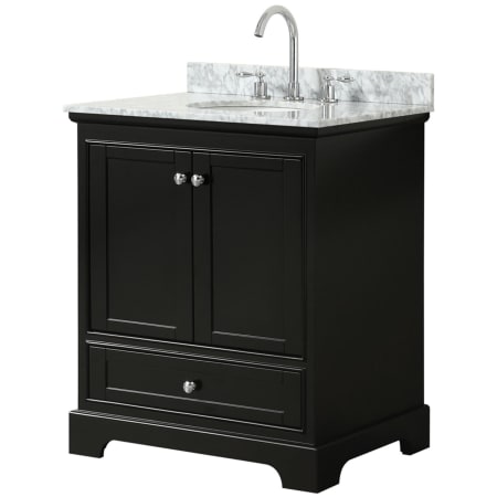 A large image of the Wyndham Collection WCS202030SCMUNOMXX Dark Espresso / White Carrara Marble Top / Polished Chrome Hardware