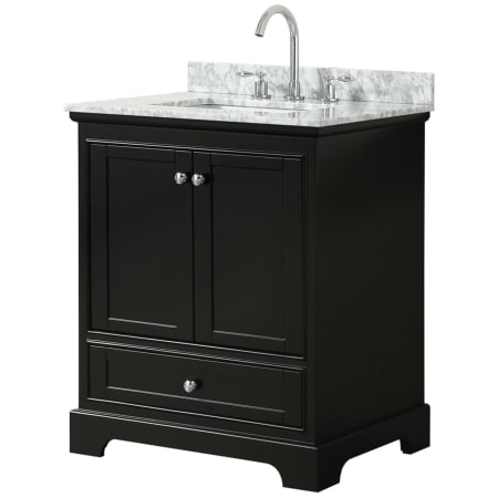 A large image of the Wyndham Collection WCS202030SCMUNSMXX Dark Espresso / White Carrara Marble Top / Polished Chrome Hardware