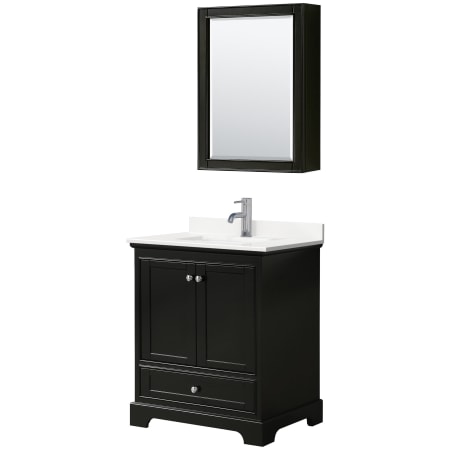 A large image of the Wyndham Collection WCS202030S-QTZ-UNSMED Dark Espresso / White Quartz Top / Polished Chrome Hardware