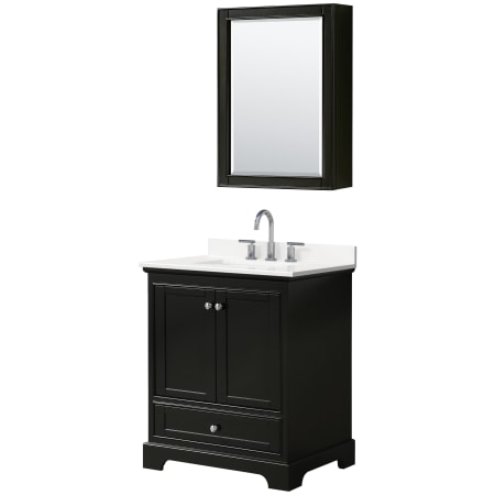 A large image of the Wyndham Collection WCS202030S-QTZ-US3MED Dark Espresso / White Quartz Top / Polished Chrome Hardware