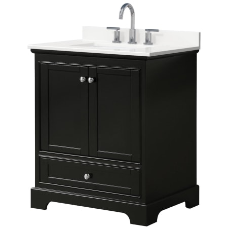 A large image of the Wyndham Collection WCS202030S-QTZ-US3MXX Dark Espresso / White Quartz Top / Polished Chrome Hardware