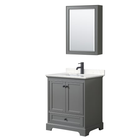 A large image of the Wyndham Collection WCS202030S-VCA-MED Dark Gray / Carrara Cultured Marble Top / Matte Black Hardware