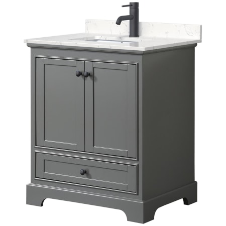 A large image of the Wyndham Collection WCS202030S-VCA-MXX Dark Gray / Carrara Cultured Marble Top / Matte Black Hardware