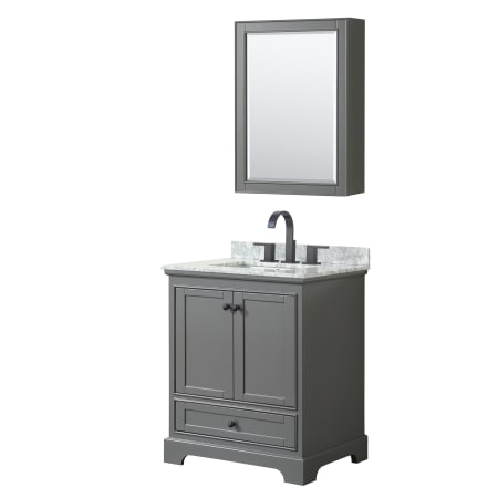 A large image of the Wyndham Collection WCS202030SCMUNSMED Dark Gray / White Carrara Marble Top / Matte Black Hardware