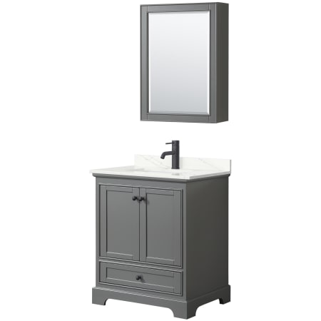 A large image of the Wyndham Collection WCS202030S-QTZ-UNSMED Dark Gray / Giotto Quartz Top / Matte Black Hardware