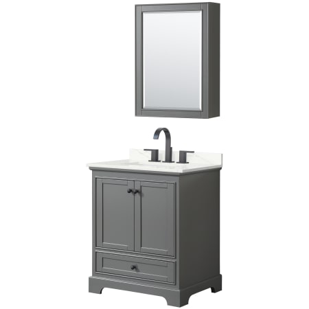 A large image of the Wyndham Collection WCS202030S-QTZ-US3MED Dark Gray / Giotto Quartz Top / Matte Black Hardware