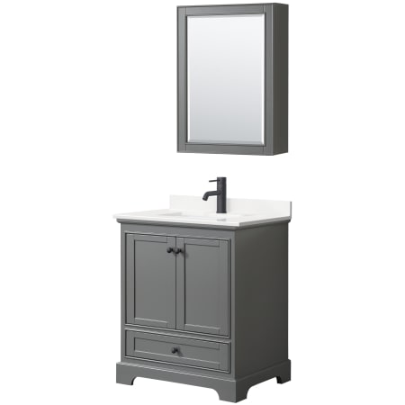 A large image of the Wyndham Collection WCS202030S-QTZ-UNSMED Dark Gray / White Quartz Top / Matte Black Hardware