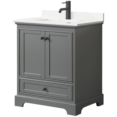 A large image of the Wyndham Collection WCS202030S-QTZ-UNSMXX Dark Gray / White Quartz Top / Matte Black Hardware