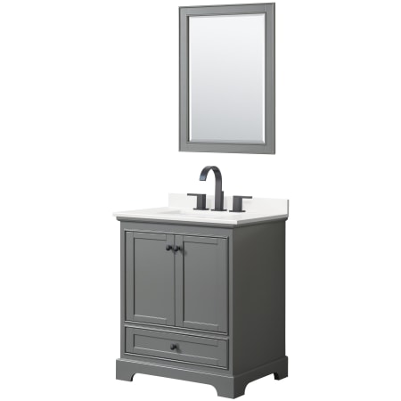 A large image of the Wyndham Collection WCS202030S-QTZ-US3M24 Dark Gray / White Quartz Top / Matte Black Hardware