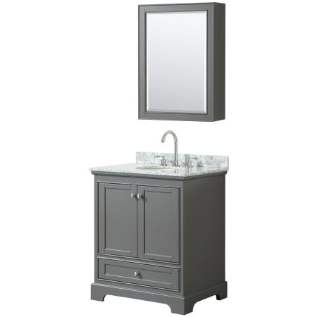 A large image of the Wyndham Collection WCS202030SCMUNOMED Dark Gray / White Carrara Marble Top / Polished Chrome Hardware